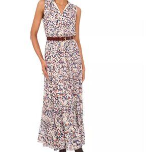 1 State Taupe patterned split neck dress with smocked waist - M